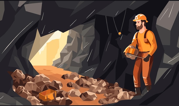 Vettore minatore in caverna vettore piatto minimale illustrazione isolata