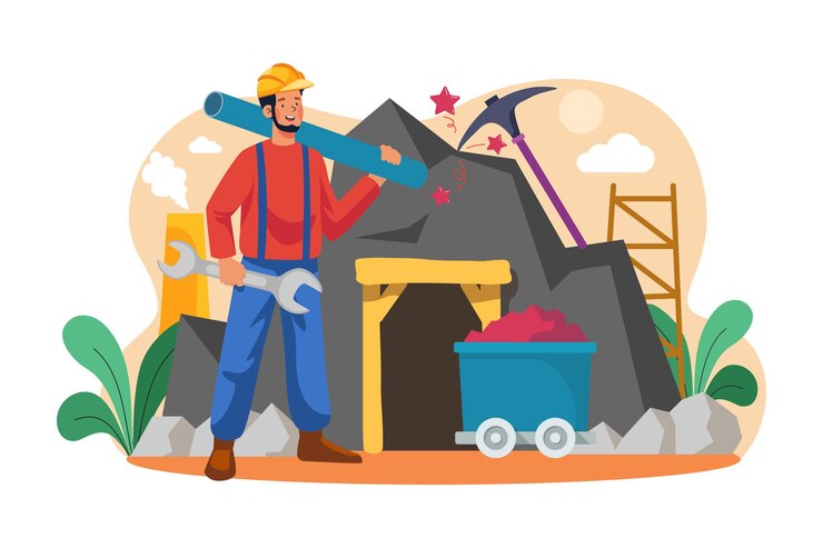 Vector miner character holding wrench and plastic pipe