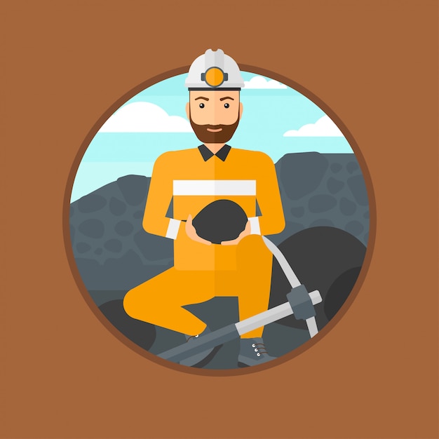 Vector miner holding coal in hands.