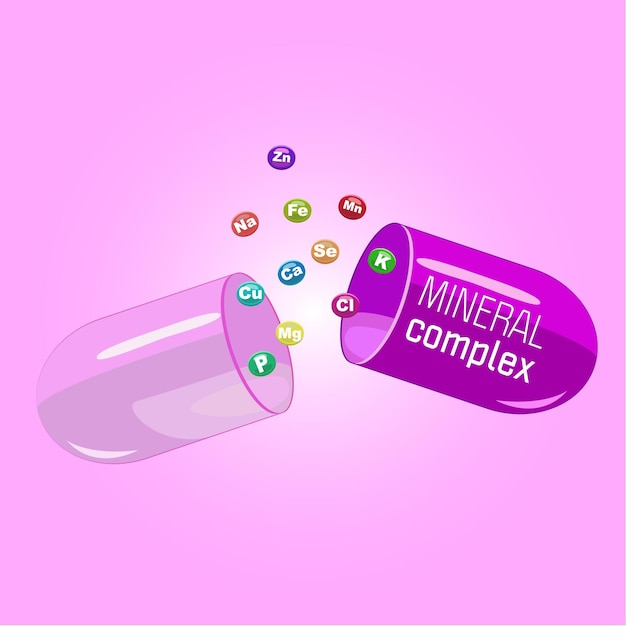 Pillole vitaminiche lucide di colore complesso minerale in una capsula