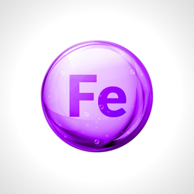 Mineral Ferrum shining pill capcule . Fe iron formula symbol. Vitamin ferrum complex nutrition substance.