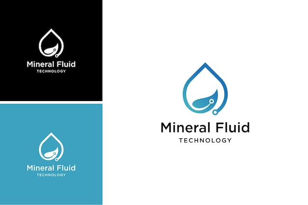 Design del logo del fluido minerale, vettore della tecnologia della goccia d'acqua fogliare