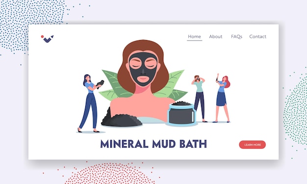 Mineral mud bath landing page template. spa natural beauty and cosmetology. tiny female characters around huge woman head with charcoal cream mask, face skin care. cartoon people vector illustration