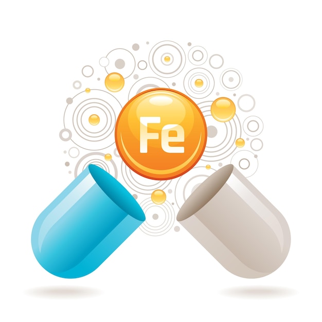 Fe 요소 아이콘 건강 다이어트 기호 흰색 배경에 고립 된 3d 색 공 건강 캡슐에 대 한 미네랄 비타민 철 보충 유행 벡터 일러스트 레이 션 의료 미네랄 공급 개념