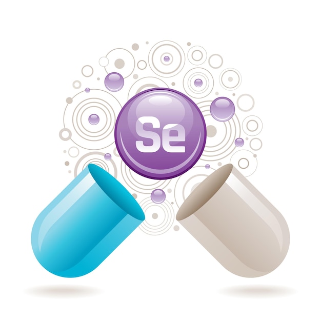 Minerale vitamine Selenium supplement voor gezondheid Capsule met Se element pictogram gezonde voeding symbool 3d kleur bal geïsoleerd op een witte achtergrond Trendy vectorillustratie medische mineralen leveren