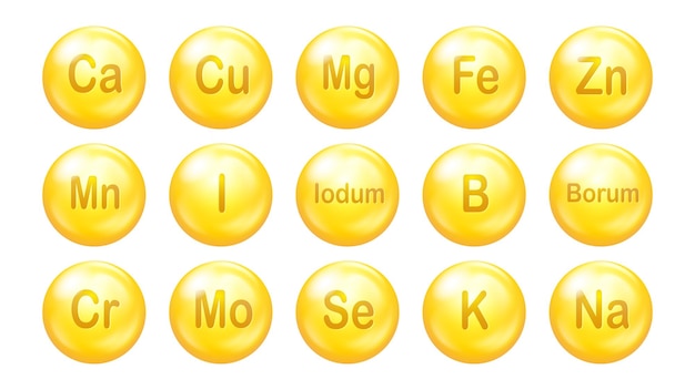 Minerals icon vector set 3D pills drop capsules Golden abstract vitamin complex for beauty skin care