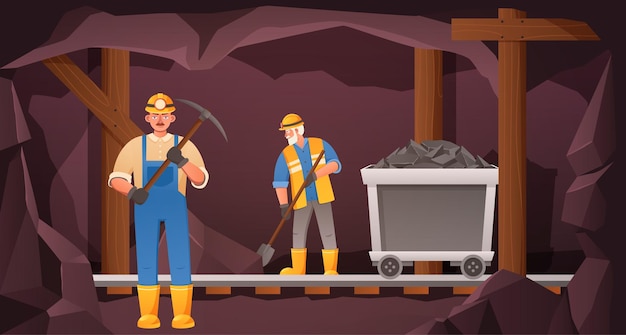 Vector miners in coal cave mine worker digging tunnel rail trolley with ore and miner with pickaxe vector illustration