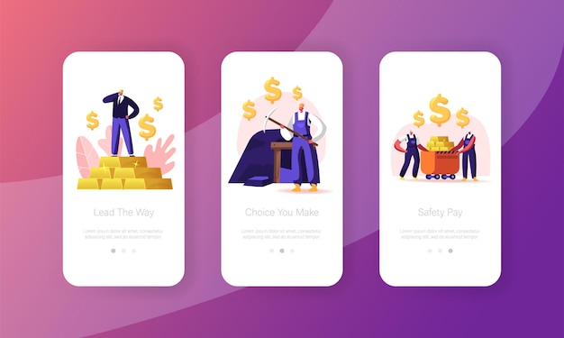 Vector miners at work, extraction industry profession, working occupation mobile app page screen template