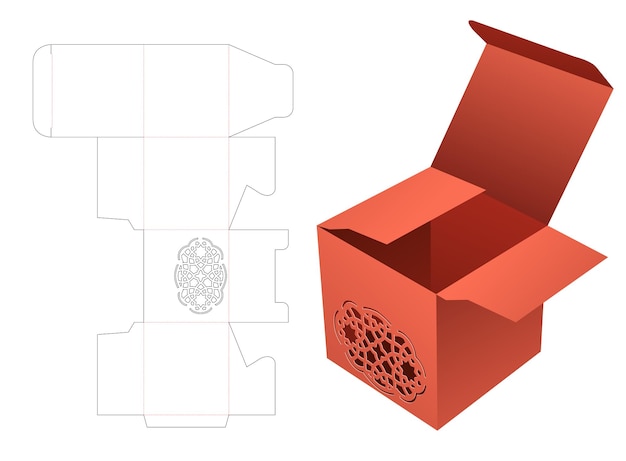 Mini box with stenciled pattern die cut template and 3D mockup