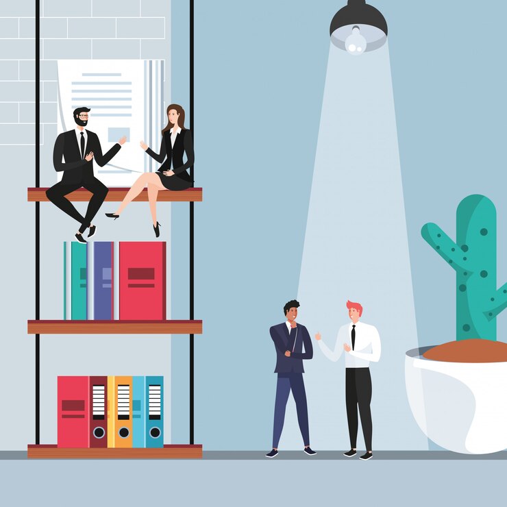 Vector mini business people with books in the workplace