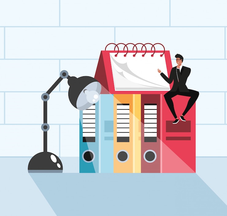 Vector mini businessman sitting in books in the workplace