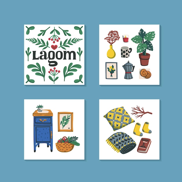 Vector mini cards with lagom lettering and cozy home things like a pillow plants furniture