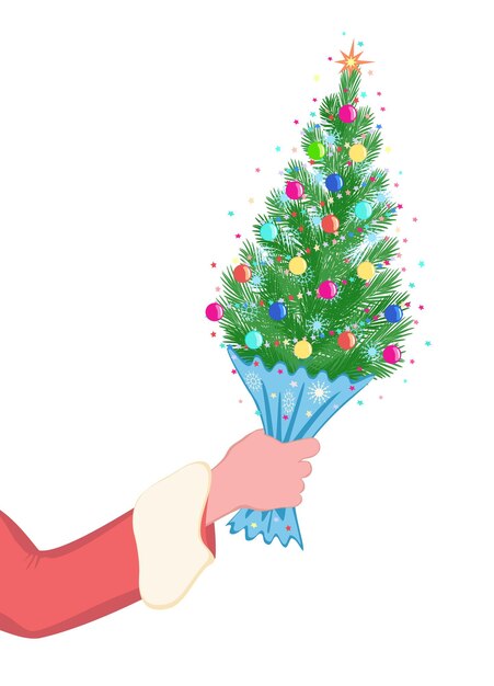 Mini Christmas tree in the hand of Santa Claus on white background