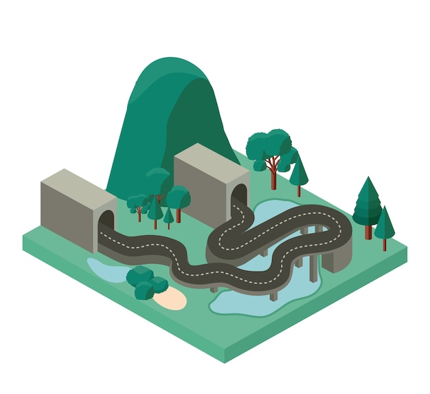 Mini forest scene with road and tunnel isometric icons