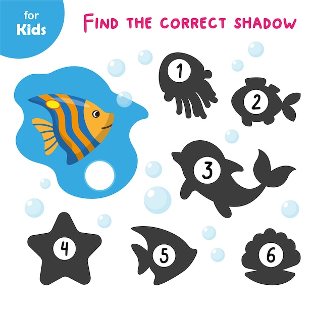 Mini game for children find the correct shadow for the fish learning fun