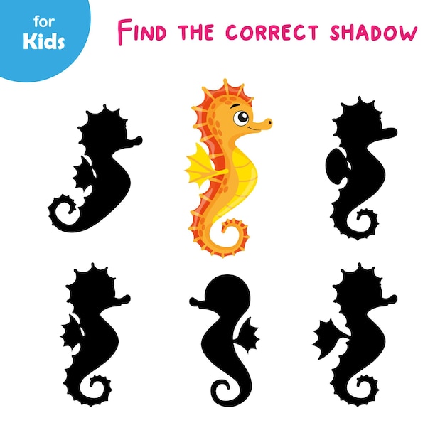 Mini game for children find the correct shadow for the seahorse learning fun