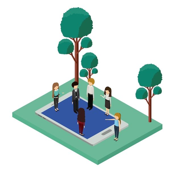 Vector mini people with forest scene and smartphone