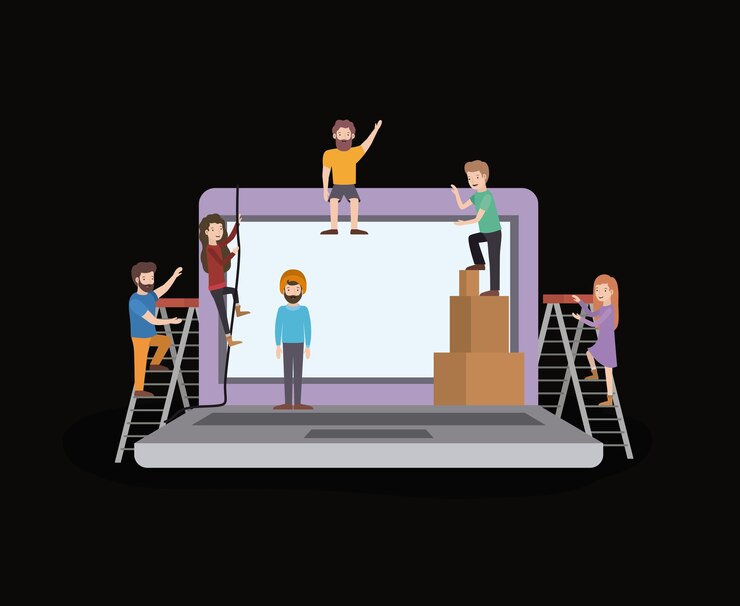 Vector mini people with laptop computer
