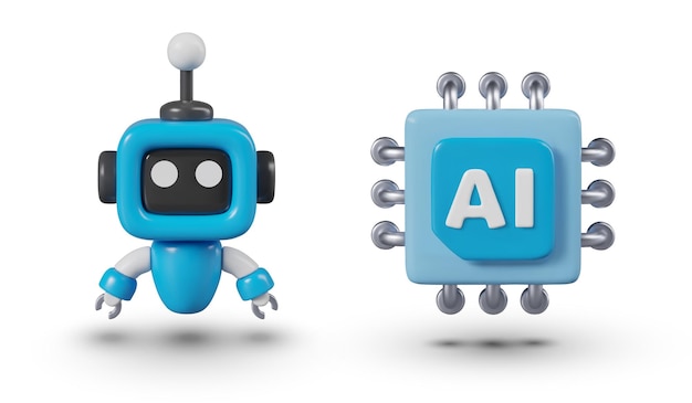 Mini robot processor with ai label set of vector objects in cartoon 3d style