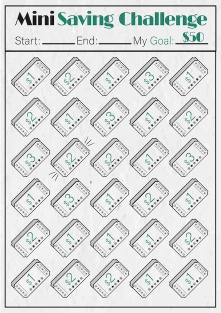 미니 저축 린지 50 달러 목표 저축 과제 인쇄 가능한 저축 과제가