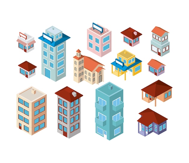 Vector mini set buildings isometric icons