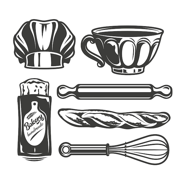 Vector mini set vectorillustratie van bakkerij tools op witte achtergrond.