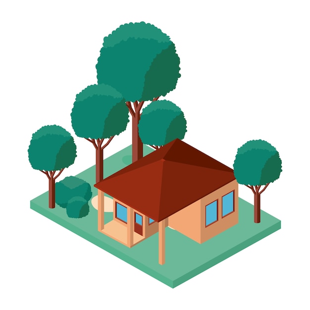 Vector mini tree and house isometric