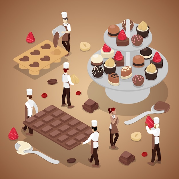 Persone in miniatura che producono caramelle al cioccolato