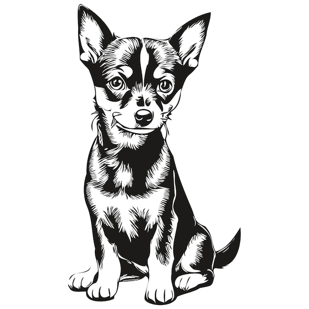 Линия собаки миниатюрного пинчера, иллюстрация черно-белых чернил, эскиз портрета лица в векторе, реалистичная порода домашнего животного