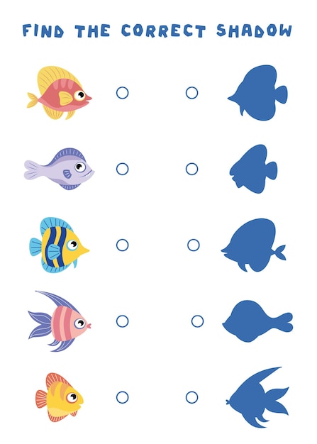 Minigames voor kinderen vind de schaduw van de vis verbind de vis met zijn schaduw