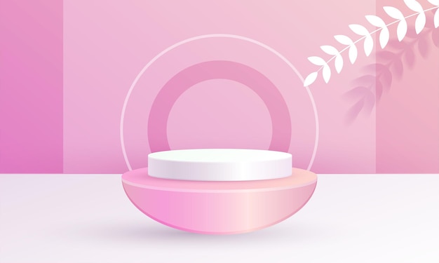 Minimal 3D scene product display circle podium leaf background pink color