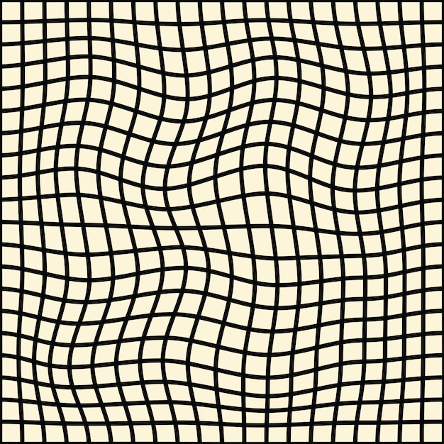 最小限の抽象的な波状線形シームレス パターン。ベージュ地に黒の歪んだ市松模様