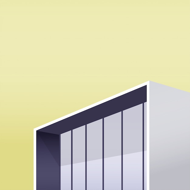 Minimal architecture building with giant big glasses window on the light warm yellow sky