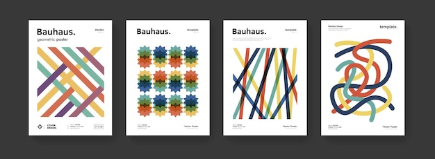 Set di poster bauhaus moden minimali. motivo a strisce geometrico astratto. collezione di copertine a4 di vettore di presentazione aziendale. composizione cubista semplice.