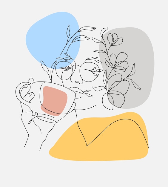 Minimal beautiful woman and flowers drinking coffee elegant line art style