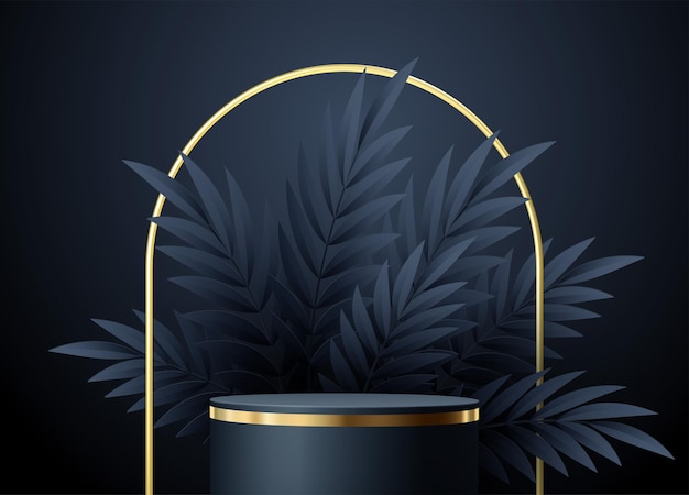 Vector minimal black scene with geometric shapes and palm leaves. elegant product display
