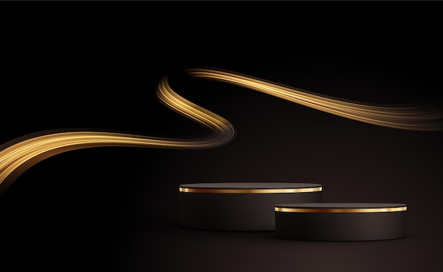 Minimal black scene with golden lines. Cylindrical gold and black podium on a black background. 3D stage for displaying a cosmetic product