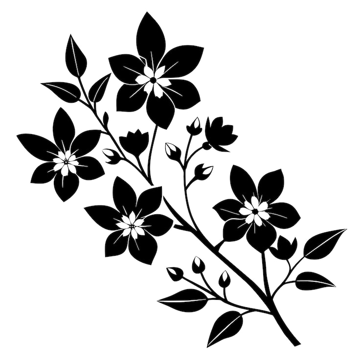 Vector 最小限の開花する花の枝のシルエットイラスト 白い背景
