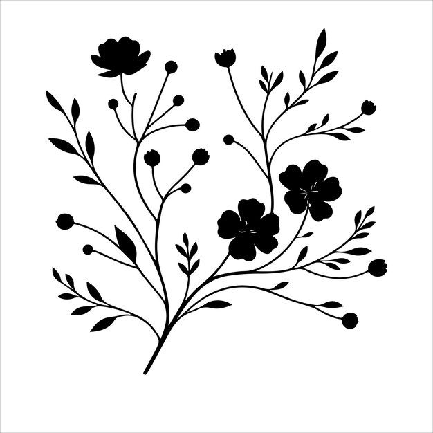 Minimal blooming floral branch silhouette vector botanical leaf doodle wildflower line art