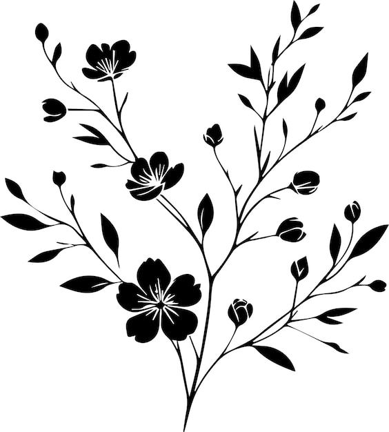 花の枝のシルエット ベクトルイラスト 白い背景