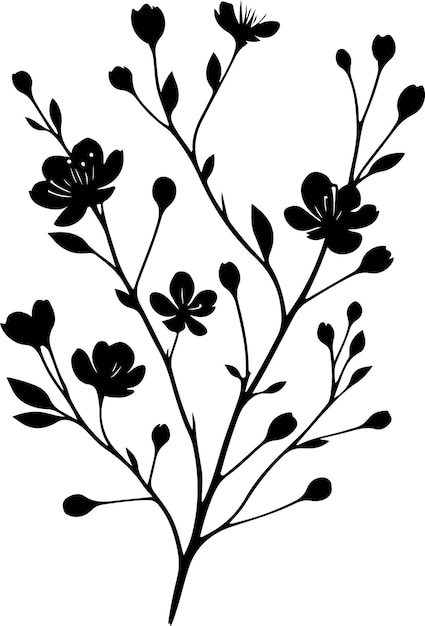 Minimal blooming floral branch silhouette vector illustration white background