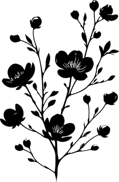 Vettore illustrazione vettoriale della silhouette del ramo floreale in fiore minimo sullo sfondo bianco