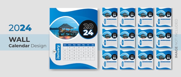 Minimal Blue Wall calendar 2023 template with 12 months included new year office calendar design