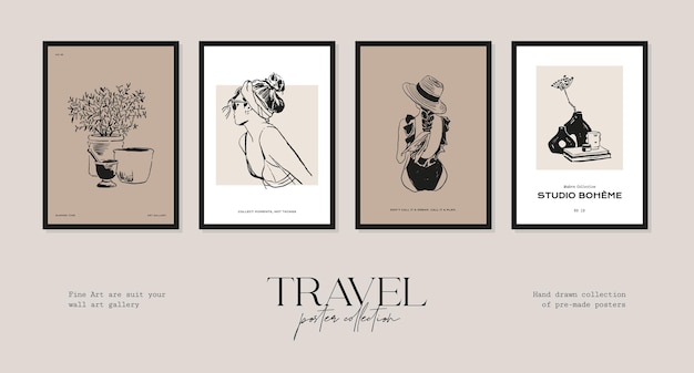 Minimal bohemian travel illustration poster design collection for wall art gallery