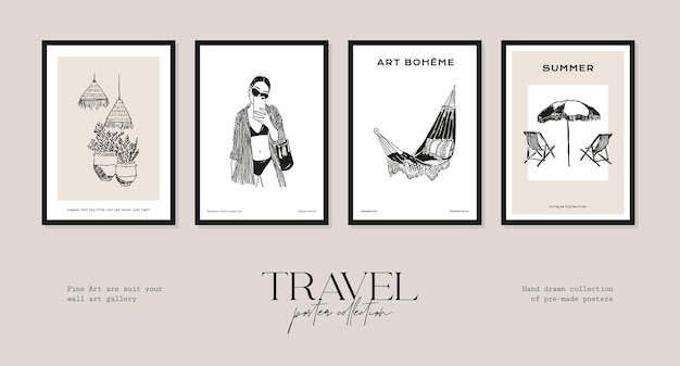 Minimal bohemian travel illustration poster design collection for wall art gallery