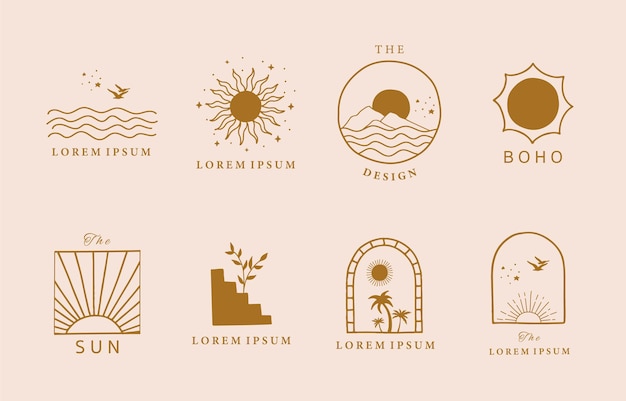 太陽、海、山の自然と最小限の茶色の線のロゴ