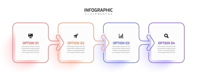 Modello infografico aziendale minimo linea sottile con icona freccia etichetta quadrata e opzione 4