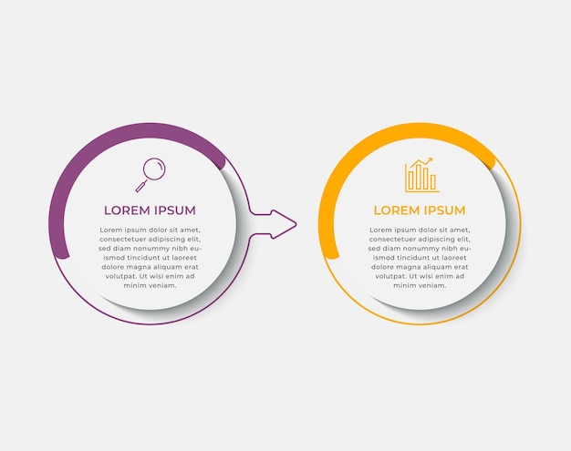 Modello di infografica aziendale minimo. timeline con 2 passaggi, opzioni e icone di marketing.