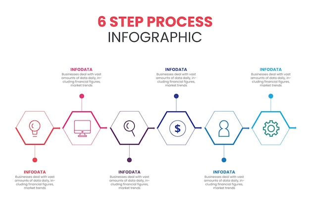 最小限のビジネス インフォ グラフィック テンプレート 6 つのステップのオプションとマーケティング アイコンを含むタイムライン