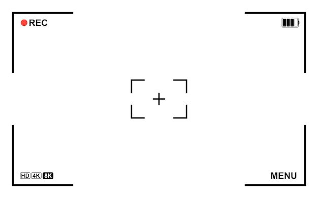 Minimal camera viewfinder interface with recording indicators focus marks battery status and resolution icons Clean empty frame design suitable for video production filming concepts